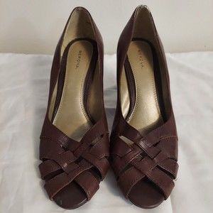 Merona Brown Woven Leather w Open Toe 3.5" Heel Shoes Size 9.5 Women's EUC